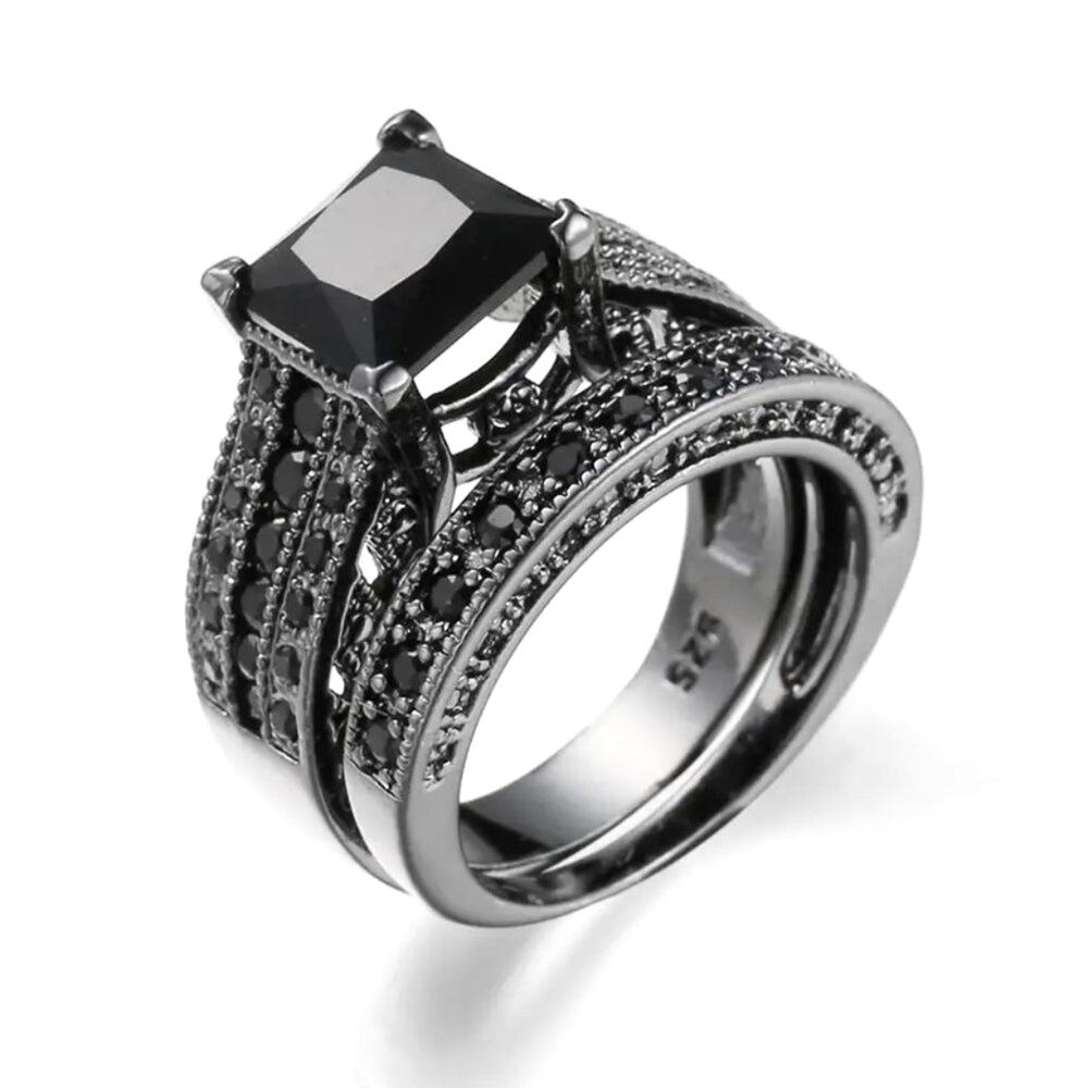 Vintage Black Zircon Inlaid Ring Set Black Size 6